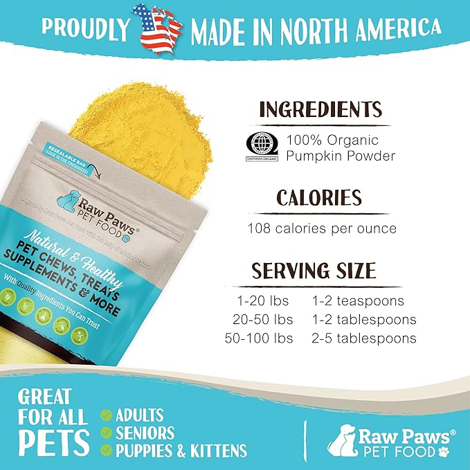 Raw Paws USA Organic Pumpkin Powder for Dogs & Cats, 16-oz - Healthy Stool, Diarrhea, Constipation Relief, Dry Pumpkin for Dogs, Canned Pumpkin for Cats Alternative, Dog Pumpkin Powder, Fiber for Dogs