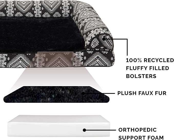 Furhaven Orthopedic Dog Bed for Large Dogs w/ Removable Bolsters & Washable Cover, For Dogs Up to 125 lbs - Plush & Southwest Kilim Woven Decor Sofa - Black Medallion, Jumbo Plus/XXL