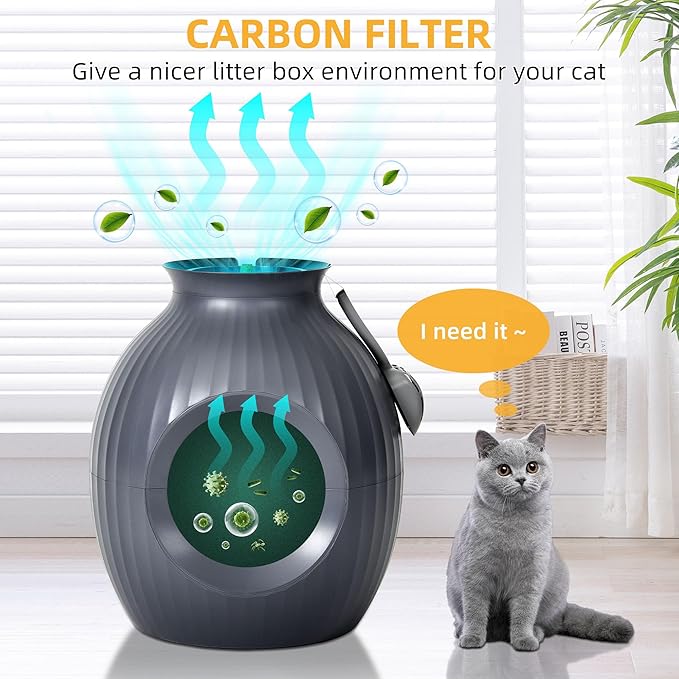 YITAHOME Smart Plant Litter Box with Odor Control & Sterilization System, Hidden Cat Litter Box Plant Furniturewith Led Light for Cats, Includes Scoop, Stones, Artificial Plants, Grey & Green