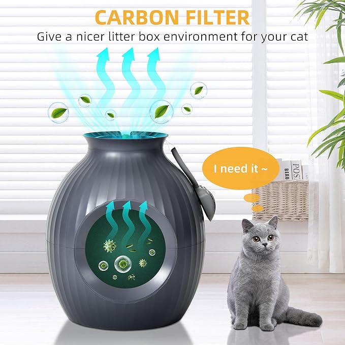 YITAHOME Smart Plant Litter Box with Odor Control & Sterilization System, Hidden Cat Litter Box Plant Furniturewith Led Light for Cats, Includes Scoop, Stones, Artificial Plants, Grey & Red