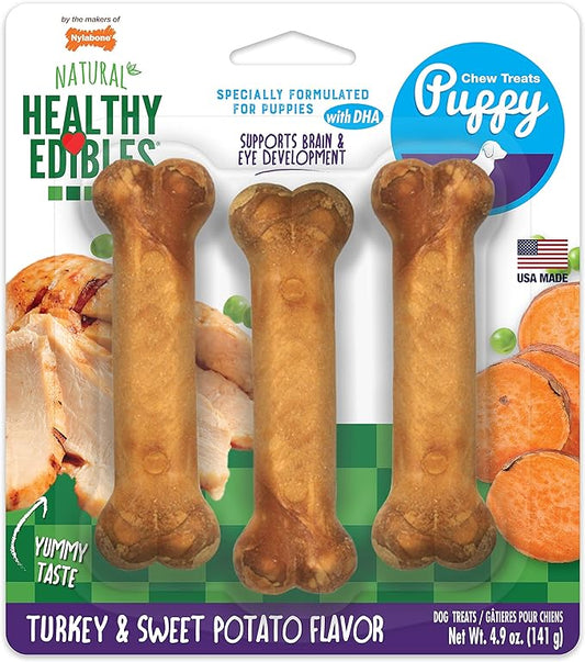Nylabone Healthy Edibles Natural Puppy Chews Long Lasting Turkey & Sweet Potato Flavor Treats for Dogs, Small/Regular (3 Count)