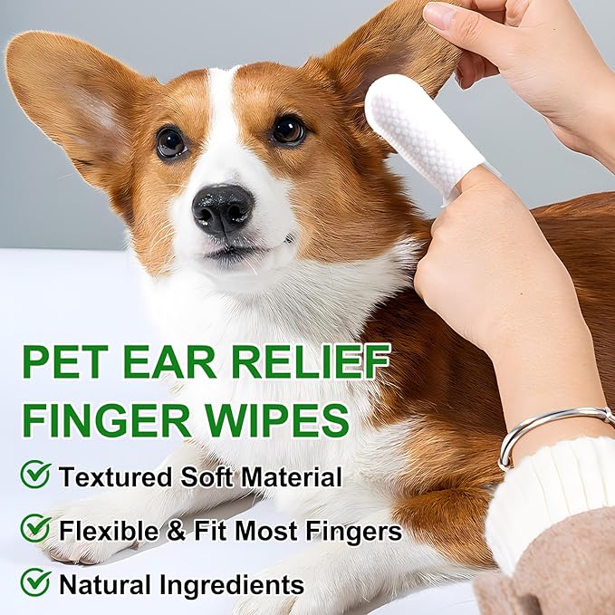 Ear Finger Wipes for Dogs & Cats-50 Pads Disposable Ear Wipes Biodegradable Remove Ear Wax, Debris-Sooths & Deodorizes-Relieve Ear Itching & Inflammation-Stops Head Shaking Dog Ear Cleaner