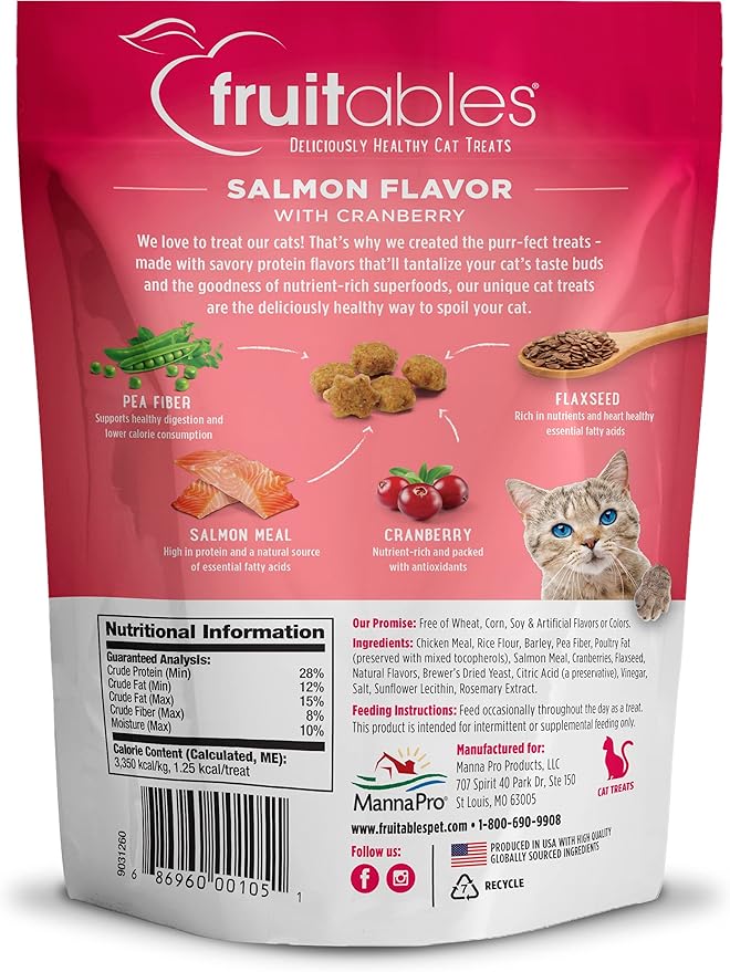 Fruitables Cat Treats – Crunchy Treats for Cats – Healthy Low Calorie Treats Packed with Protein – Free of Wheat, Corn and Soy – Made with Real Salmon with Cranberry – 30 Ounces