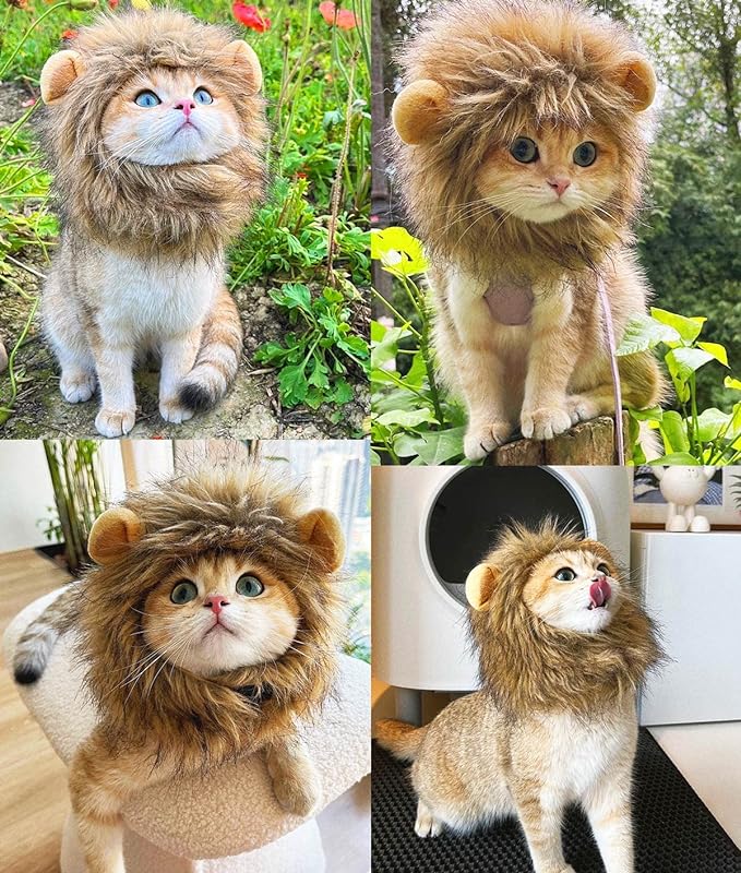 Lion Mane Wig for Cat Costume Pet Adjustable Washable Comfortable Fancy Lion Hair Cat Clothes Dress for Halloween Christmas Easter Festival Party Activity (Brown)