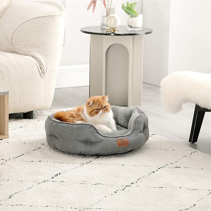 Bedsure Dog Beds for Small Dogs - Round Cat Beds for Indoor Cats, Washable Pet Bed for Puppy and Kitten with Slip-Resistant Bottom, 20 Inches, Grey