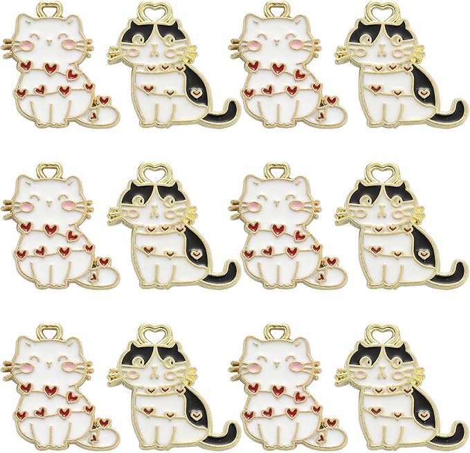 KitBeads 20pcs Enamel Cat Charms Kawaii Animal Heart Plated Kitten Charms Cartoon Pet Blak White Fat Cat Charms for Jewelry Making Bulk