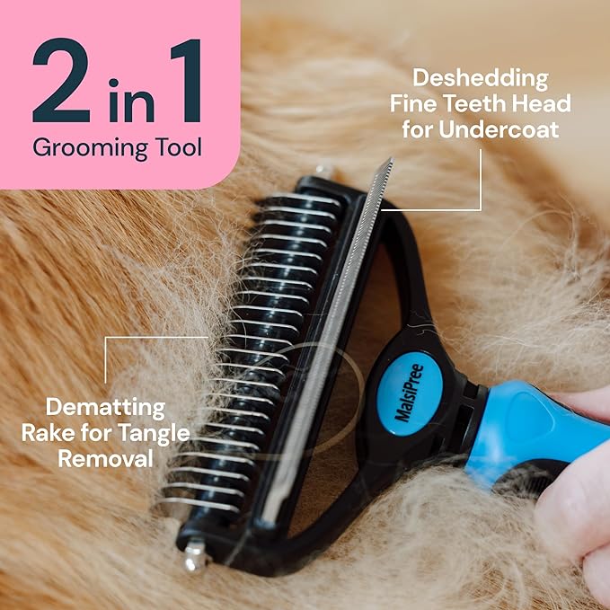 MalsiPree Dog Grooming Brush for Shedding - 2 in 1 Deshedding Tool and Undercoat Rake for Long and Short Haired Dogs with Double Coat - Dematting Comb and Pet Hair Deshedder Supplies (Large, Blue)