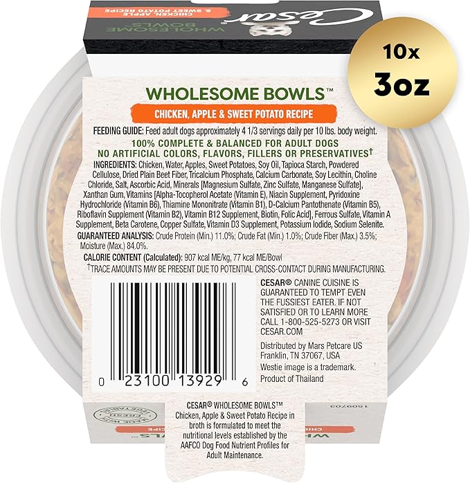 CESAR WHOLESOME BOWLS Adult Soft Wet Dog Food Chicken, Apple & Sweet Potato Recipe, (10) 3 oz. Bowls