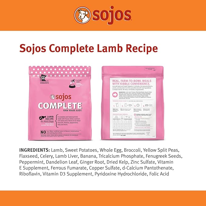 Sojos Complete Lamb Recipe Adult Grain-Free Freeze-Dried Raw Dog Food, 7 Pound Bag