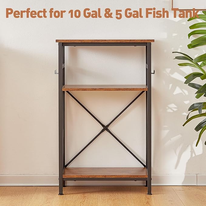 10 Gallon Fish Tank Stand with Shelf, Double Aquarium Stand for 10&5 Gal Fish Tank, 3-Tier Heavy Metal Stand with Stable Structure, Adjustable Table Feet&Anti-tilt Device - Rustic Brown