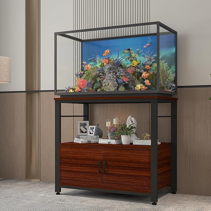 Fish Tank Stand Metal Aquarium Stand with Cabinet Accessories Storage 40-50 Gallon, Double Layer Metal with Storage Weight Capacity 760lbs, Black Teakwood Brown