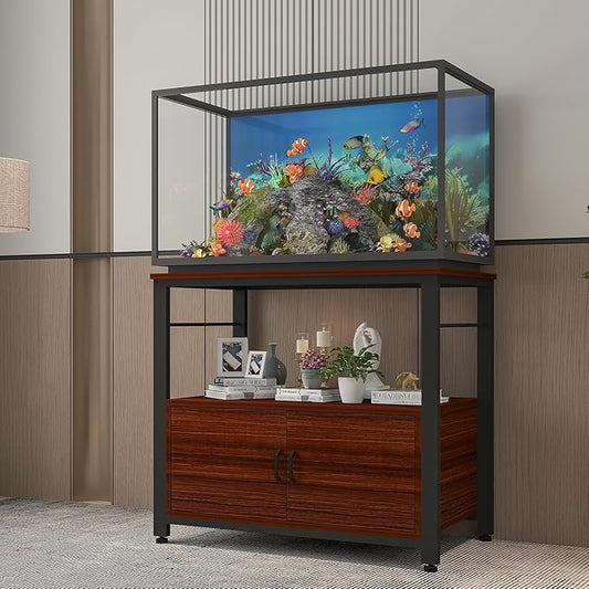 Fish Tank Stand Metal Aquarium Stand with Cabinet Accessories Storage 40-50 Gallon, Double Layer Metal with Storage Weight Capacity 760lbs, Black Teakwood Brown