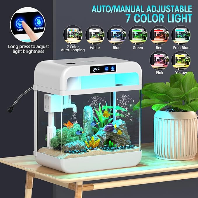 Fish Tank Aquarium 2.2 Gallon with Humidifier 7 Color Auto-Looping Light Self Cleaning 3 in 1 Pump with Filteration & Oxygenation & Circulation, Temperature Display, HD Float Glass, Thickened Base