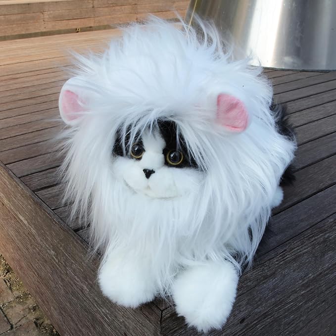 Lion Mane Wig for Cat Costume Pet Adjustable Washable Comfortable Fancy Lion Hair Cat Clothes Dress for Halloween Christmas Easter Festival Party Activity (Large, White)