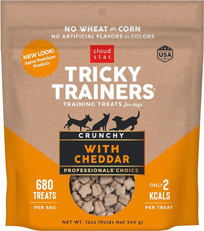 Cloud Star Tricky Trainers Crunchy Dog Training Treats 5 oz Pouch, Cheddar Flavor, Low Calorie Behavior Aid with 680 Treats