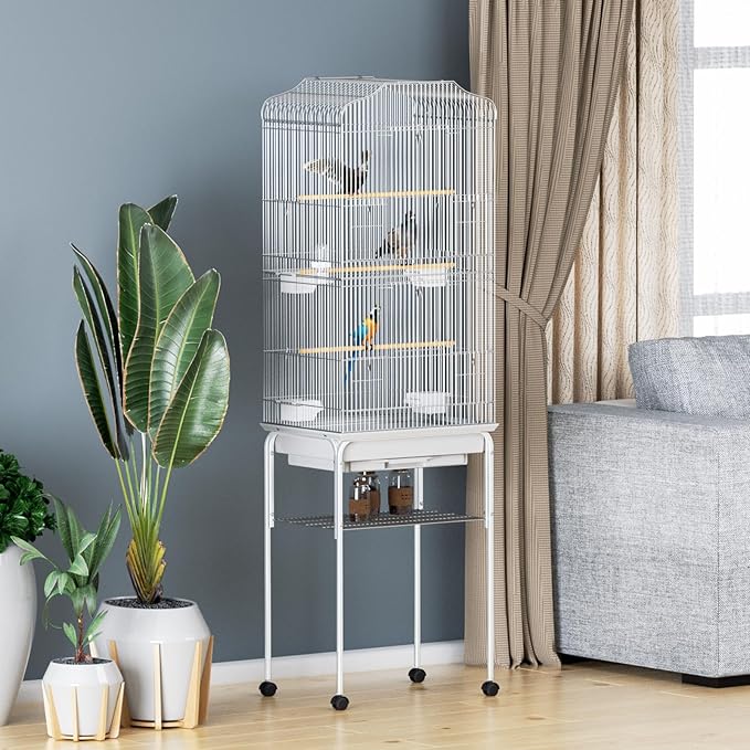 MoNiBloom 61 Inch Bird Cage with Detachable Rolling Stand, Large Flight Cage with Side-Out Tray for Parakeets Canaries Cockatiels Lovebirds Conures, White