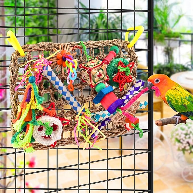 KATUMO Bird Toys, Large-Sized Parrot Foraging Wall Grass Mat Conure Chewing Hanging Toys Cockatiel Climb Hammock Parakeet Toys for Small-Medium Birds