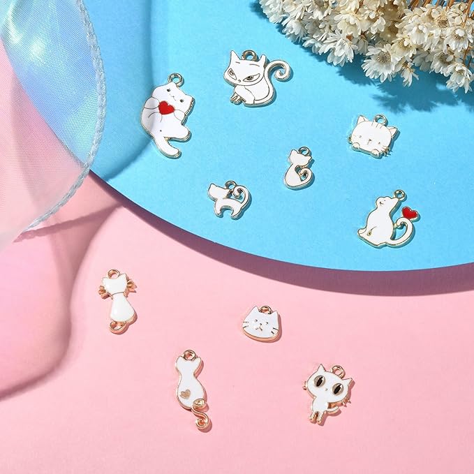 KitBeads 50pcs Enamel White Cat Charms Mixed Styles Cute Animal Charms Cartoon Kitten Charms for Jewelry Making Bracelets Bulk