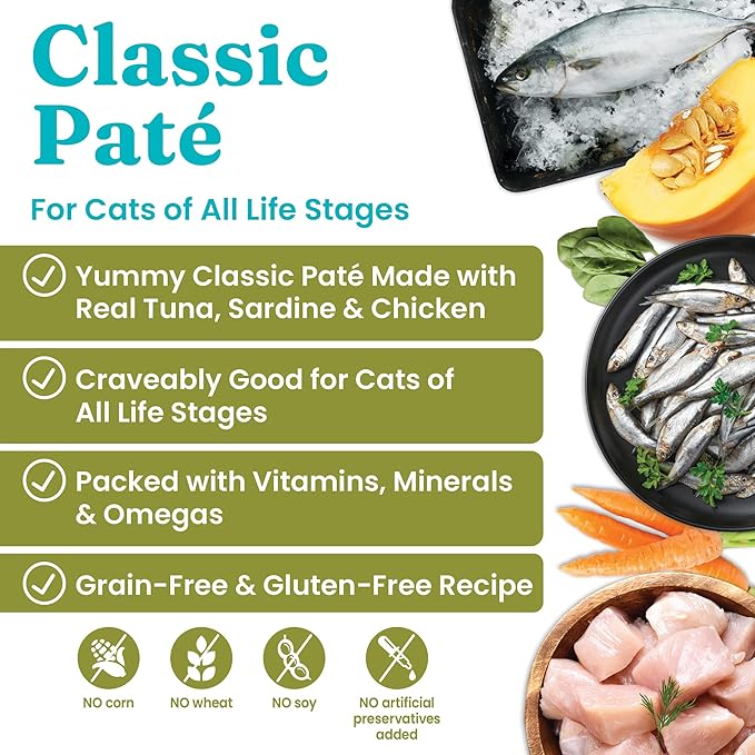 Solid Gold Wet Cat Food Pate for Adult & Senior Cats - Made with Real Tuna & Sardine - High Protein Grain Free Wet Cat Food for Healthy Digestion, Skin, Coat & Sensitive Stomach - 3oz (24 Count)