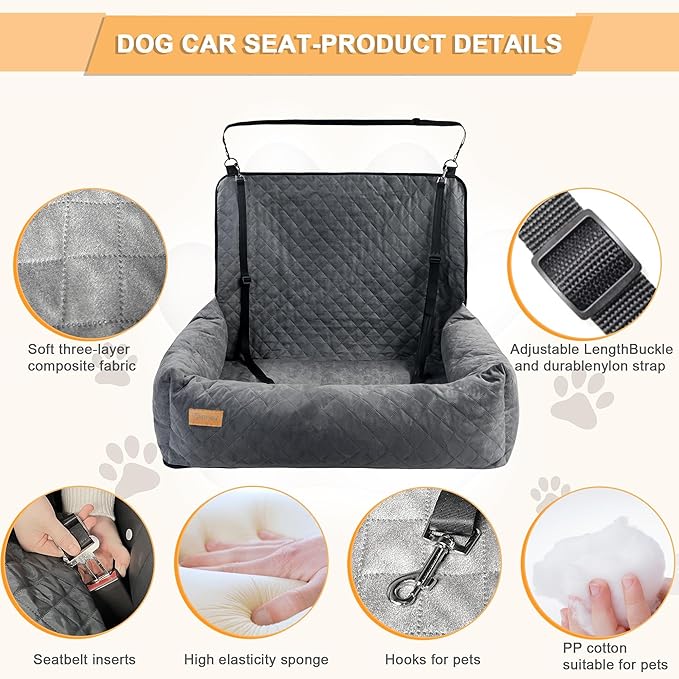 Dog Car Seat Pet Booster Car Seat for Small Mid Dogs, Dog Car Seat is Safe and Comfortable, and can be Disassembled for Easy Cleaning, Comfy Ultra Soft Car Travel Bed (Gray Soft Medium Dog Car Seat)