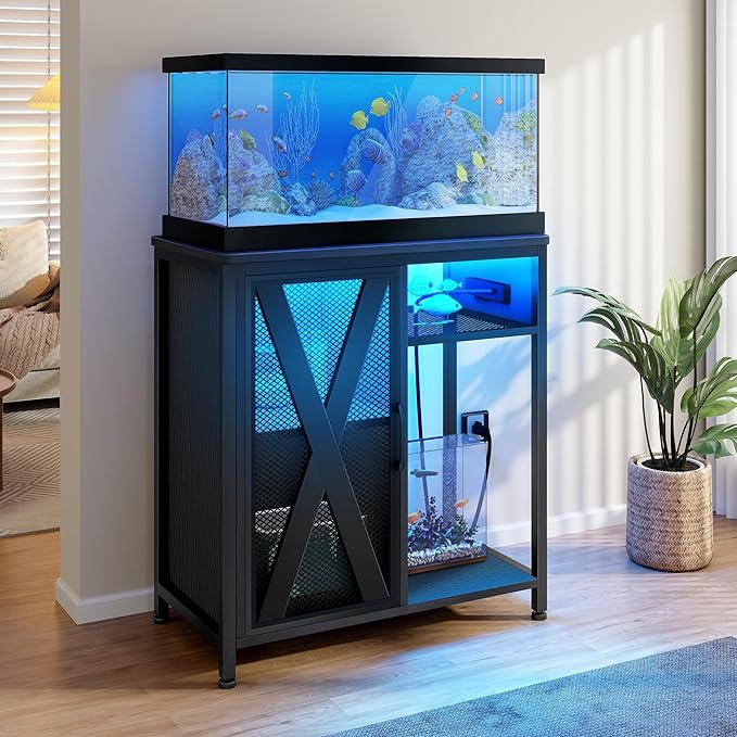 DWVO 20-29 Gallon Aquarium Stand with Power Outlets & LED Light, Cabinet for Fish Tank Accessories Storage - Metal Fish Tank Stand Suitable for Turtle Tank, Reptile Terrarium, 350LBS Capacity, Black