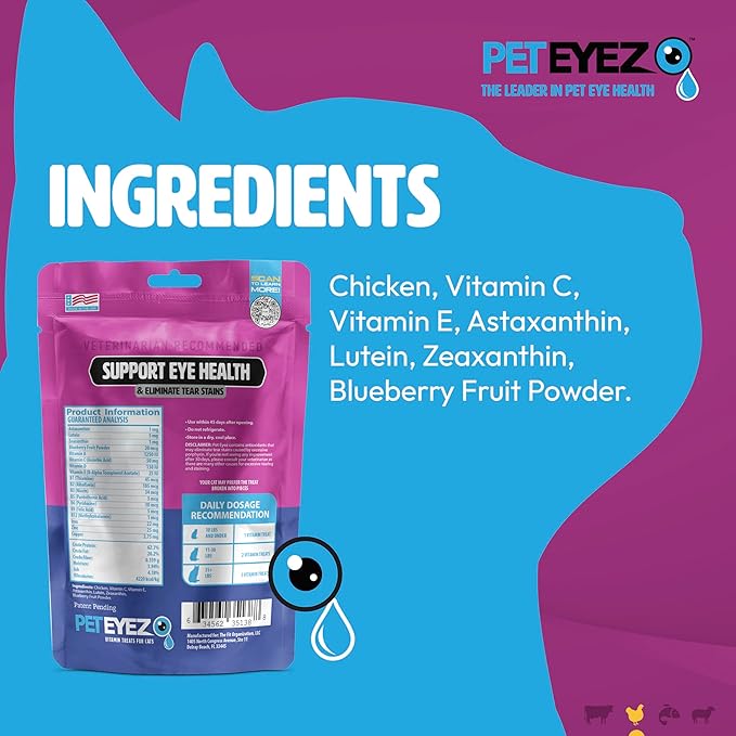 Pet Eyez Vitamin Treats for Cats - Tear Stain Remover - Eye Health Support - Reduces Itching & Allergies - Chicken Flavor - 1oz