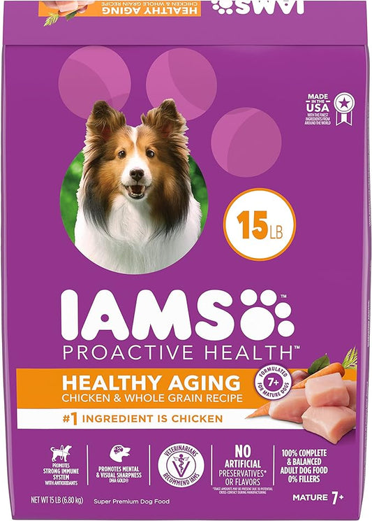 IAMS Healthy Aging Adult Dry Dog Food for Mature and Senior Dogs with Real Chicken, 15 lb. Bag