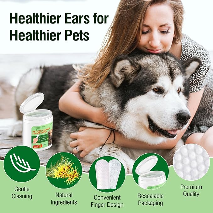 Ear Wipes for Dogs and Cats - Soothing Cleansing, Odor Removal, Natural Plant Extracts, 50 Count