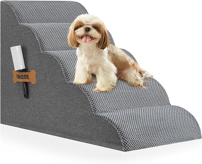 High Density Foam Dog Stairs Ramp for Beds Couches, Romrol Pet Steps with Durable Non-Slip Waterproof Fabric Cover, Dog Slope Stairs Friendly to Small Dogs and Cats or Pets Joints, 5-Tiers, Grey