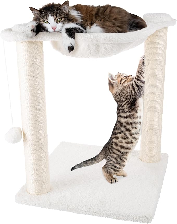 19-Inch Cat Scratching Post with Hammock ? Sisal Fabric and Carpet Small Cat Tree, Hanging Ball Toy for Adult Cats and Kittens by PETMAKER (White)