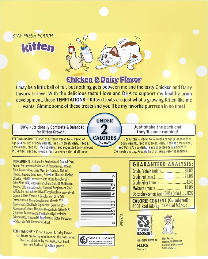 Temptations Kitten Treats, Chicken & Dairy, Crunchy and Soft Treat, 6.3 oz. (Pack of 10)