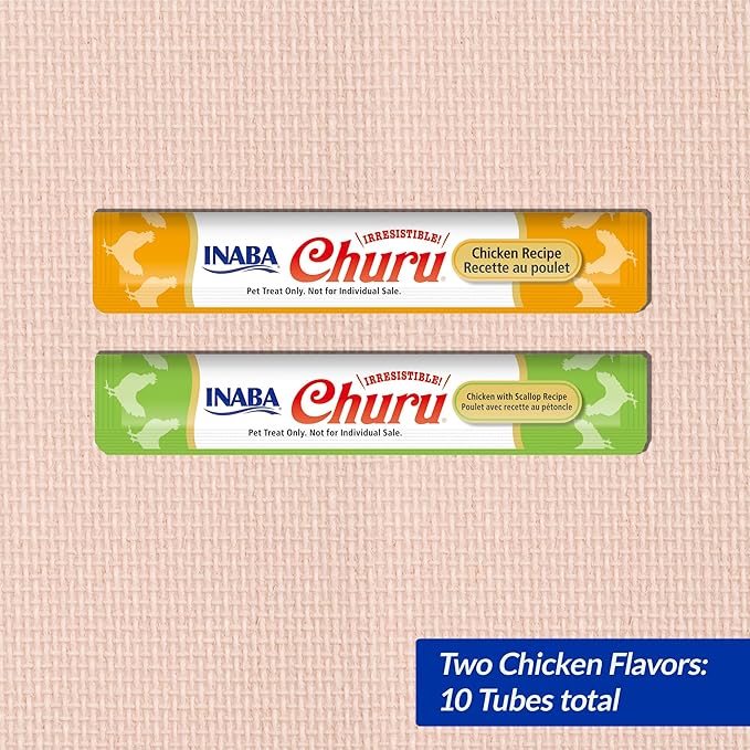 INABA Churu Cat Treats, Grain-Free, Lickable, Squeezable Creamy Purée Cat Treat/Topper with Vitamin E & Taurine, 0.5 Ounces Each Tube, 10 Tubes Total/Two Flavors, Chicken Variety