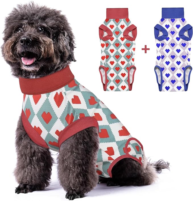 2 Packs Dog Recovery Suit Female Male, Red Heart + Blue Heart, M