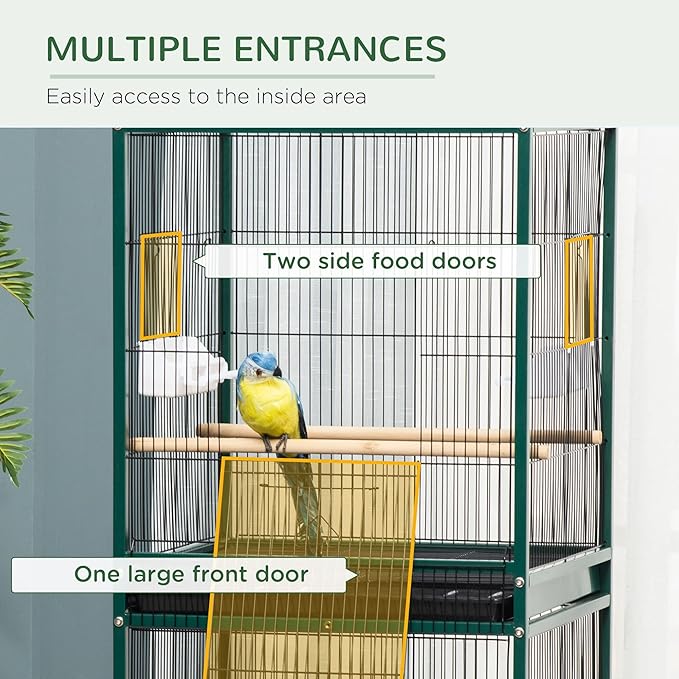 PawHut Large Bird Cage with 1.7 ft. Width for Wingspan, Bird Aviary Indoor with Multi-Door Design, Fit for a Canary, Finch, Conure, 55", Green