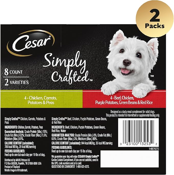 CESAR SIMPLY CRAFTED Adult Wet Dog Food Meal Topper Variety Pack, Chicken, Carrots, Potatoes & Peas and Beef, Chicken, Purple Potatoes, Green Beans & Red Rice, 8 Count (Pack of 2)