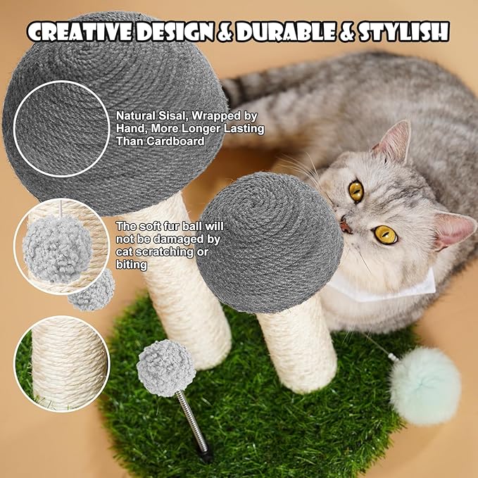 Odoland Cat Scratching Post Mushroom Natural Durable Sisal Board Scratcher for Kitty’s Health and Good Behavior, Furniture Scratch Deterrent Accessories for Cats Grey
