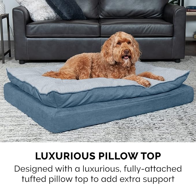 Furhaven Orthopedic Dog Bed for Large/Medium Dogs w/ Pillow Cushion Top & Removable Washable Cover, For Dogs Up to 55 lbs - Minky Plush & Suede Pillow Top Mattress - Stonewash Blue, Large