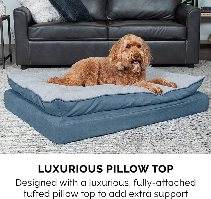 Furhaven Orthopedic Dog Bed for Large Dogs w/ Pillow Cushion Top & Removable Washable Cover, For Dogs Up to 95 lbs - Minky Plush & Suede Pillow Top Mattress - Stonewash Blue, Jumbo/XL