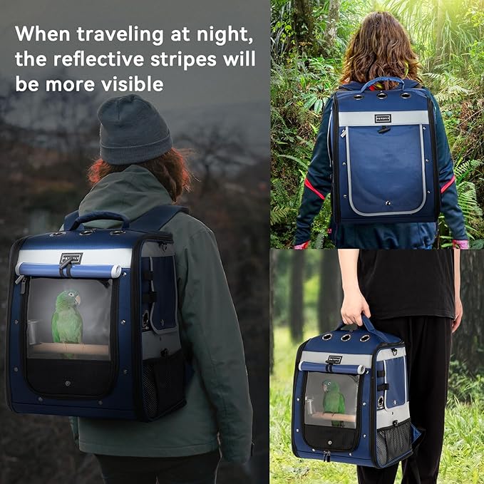 Petsfit Bird Backpack with Anti-Pecking Band, Medium Size with 2 Level Height to Adjust Standing Perch and Shade Cover Blue
