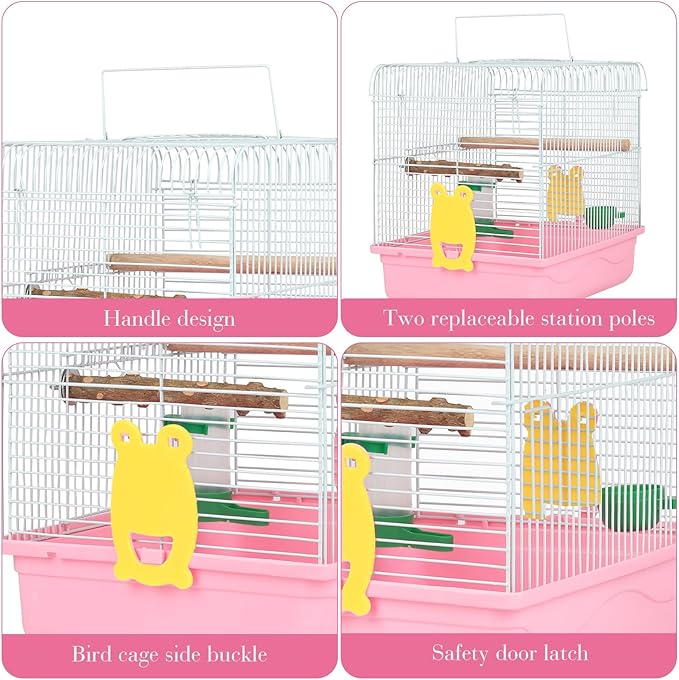 Travel Bird Cages for Cockatiels - Parrot Cage Starter Kit with Stand Accessories Birdcage Great for Parakeets Lovebirds Parrotlets Finches Canaries and More Small Birds(Pink)