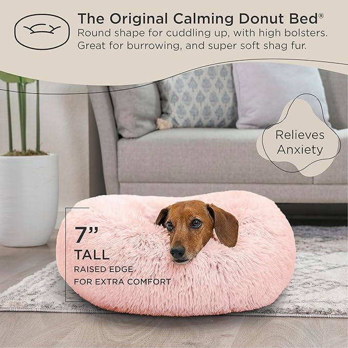 Best Friends by Sheri The Original Calming Donut Cat and Dog Bed in Shag Fur Cotton Candy Pink, Small 23"