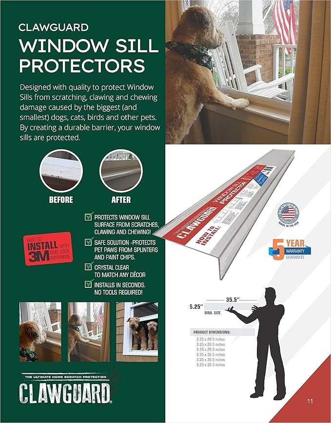 CLAWGUARD Window Sill Protector - Strong Transparent Protection from Dog and Cat Scratching, Chewing, Slobbering and Clawing on Window Sills. Keep Paws Safe and Home Clean. (Clear 35.5 in. x 2.25 in.)