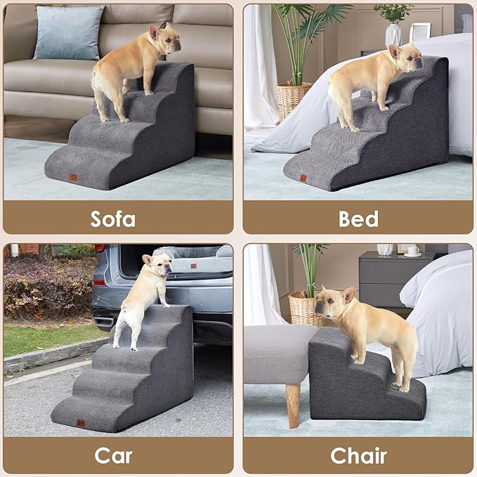 EHEYCIGA Curved Dog Stairs for High Beds 19.7" H, 4-Step Dog Steps for Small Dogs and Cats, Pet Stairs for High Bed Climbing, Non-Slip Balanced Pet Step Indoor, Grey