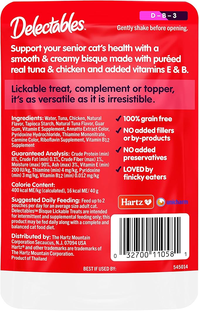 Hartz Delectables Bisque Lickable Wet Cat Treats with Tuna & chicken, Senior Cats 10+ years, 1.4 Ounce (Pack of 12) - Packaging May Vary