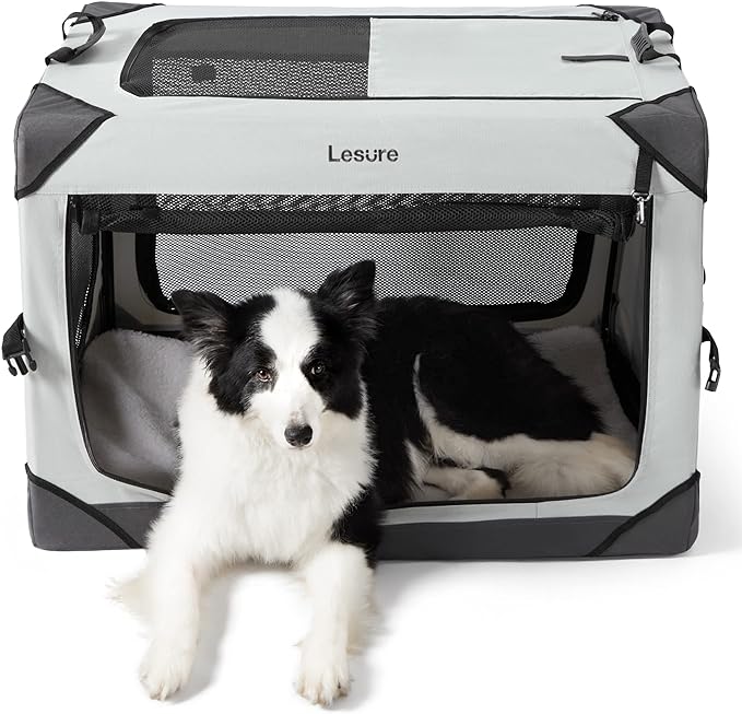 Lesure Collapsible Dog Crate - Portable Dog Travel Crate Kennel for Large Dog, 4-Door Pet Crate with Durable Mesh Windows, Indoor & Outdoor (Light Gray)