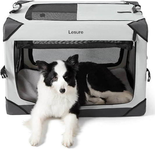 Lesure Collapsible Dog Crate - Portable Dog Travel Crate Kennel for Large Dog, 4-Door Pet Crate with Durable Mesh Windows, Indoor & Outdoor (Light Gray)