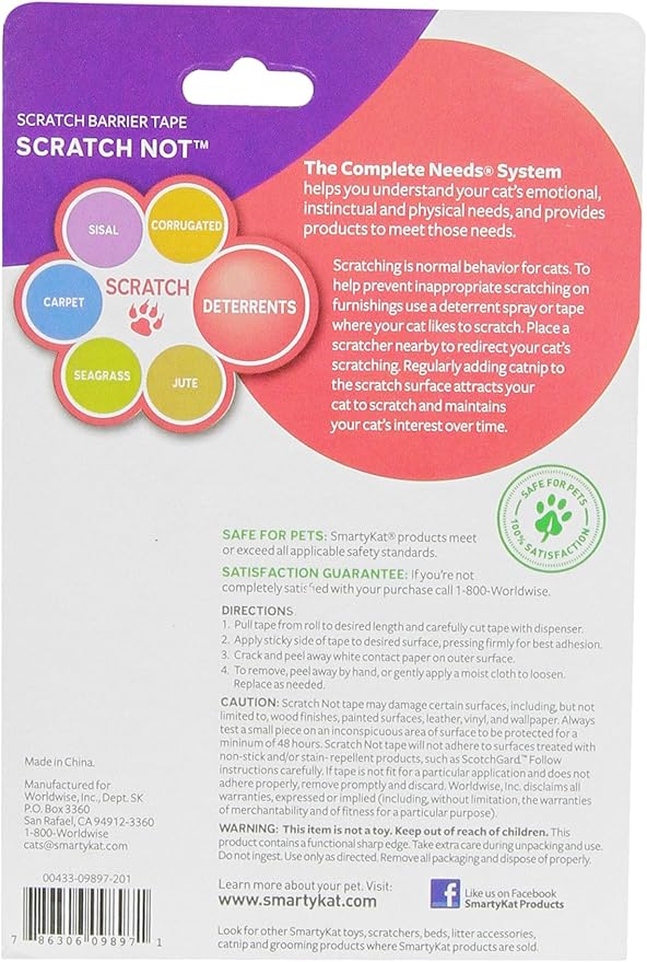 SmartyKat Scratch Not Scratch Deterrent Tape for Cats, Easy to Apply & Remove - White