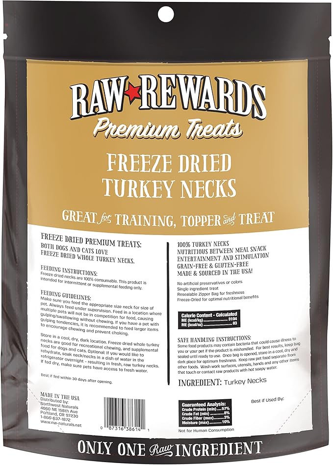 Northwest Naturals Raw Rewards Freeze-Dried Turkey Neck Treats for Dogs and Cats - Bite-Sized Pieces - Healthy, 1 Ingredient, Human Grade Pet Food, All Natural - 6 Oz (Pack of 3) (Packaging May Vary)