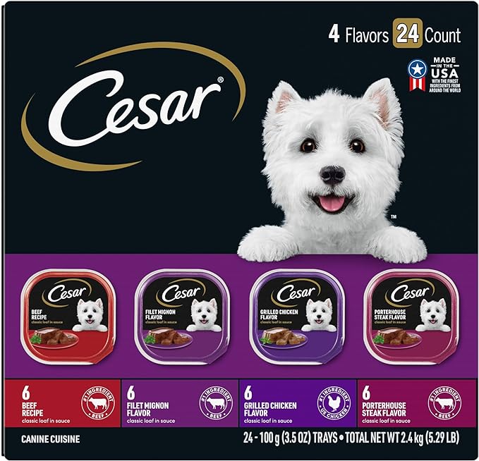 CESAR Adult Wet Dog Food Classic Loaf in Sauce Beef Recipe, Filet Mignon, Grilled Chicken and Porterhouse Steak Variety Pack, 3.5 oz. Easy Peel Trays (Pack of 24)