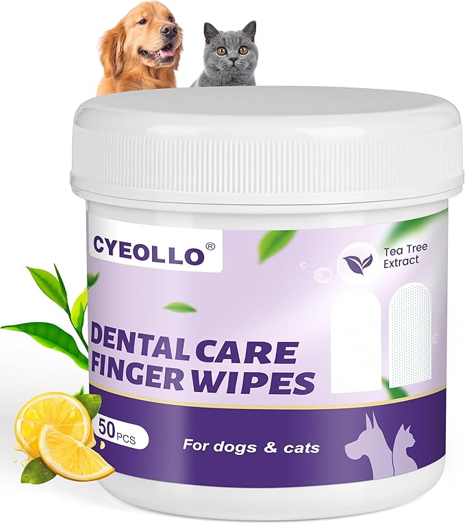 cyeollo Dog Dental Wipes for Teeth Cleaning Pet Finger Wipes Reducing Plaque & Tartar, Breath Freshener Disposable Gentle Cleaning & Gum Care Pet Wipes for Dogs Cats No-Rinse Toothbrush, 50 Counts